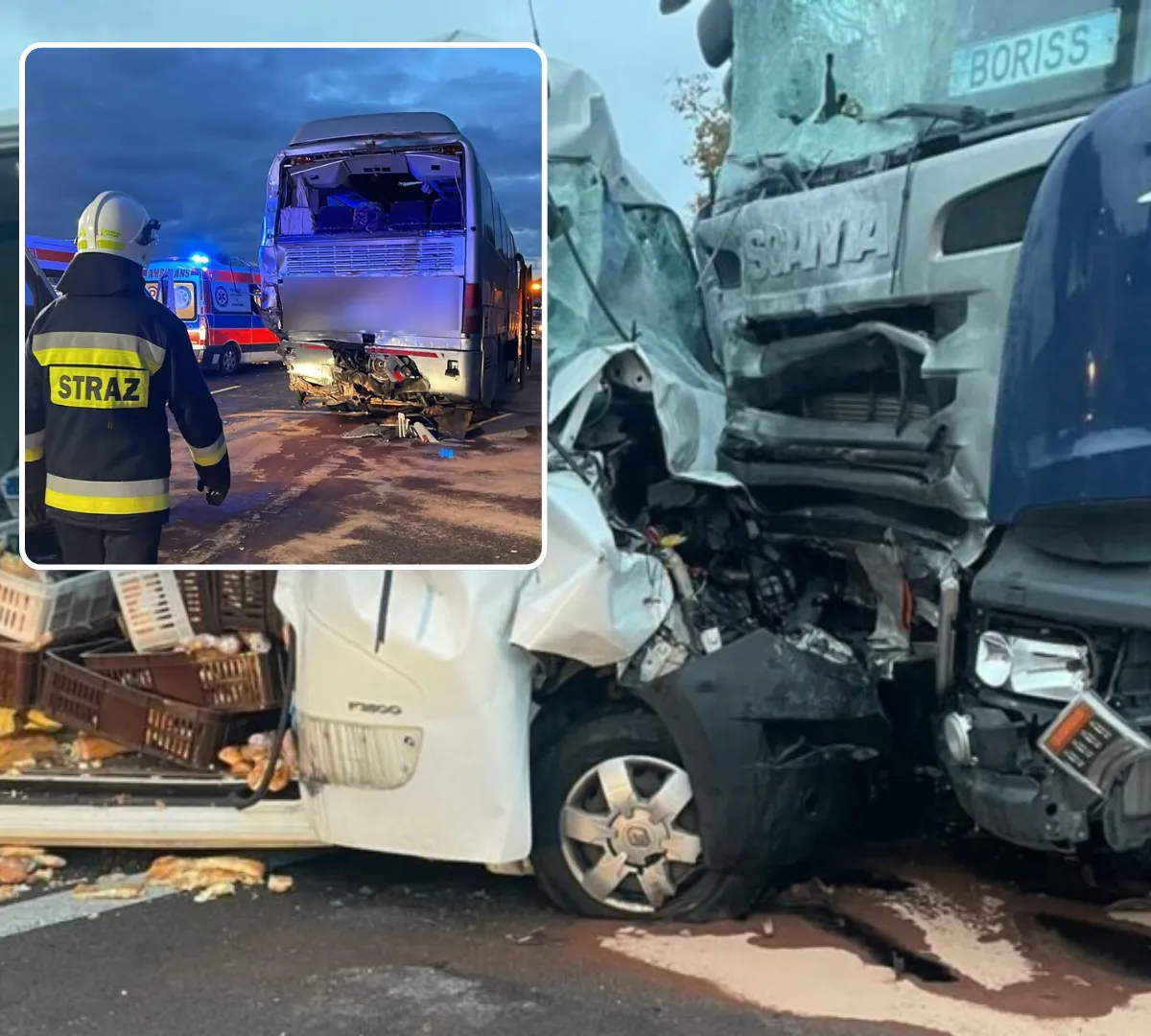Groźny karambol na DK8 pod Bardem. 80-latek uderzył w autobus i ciężarówki