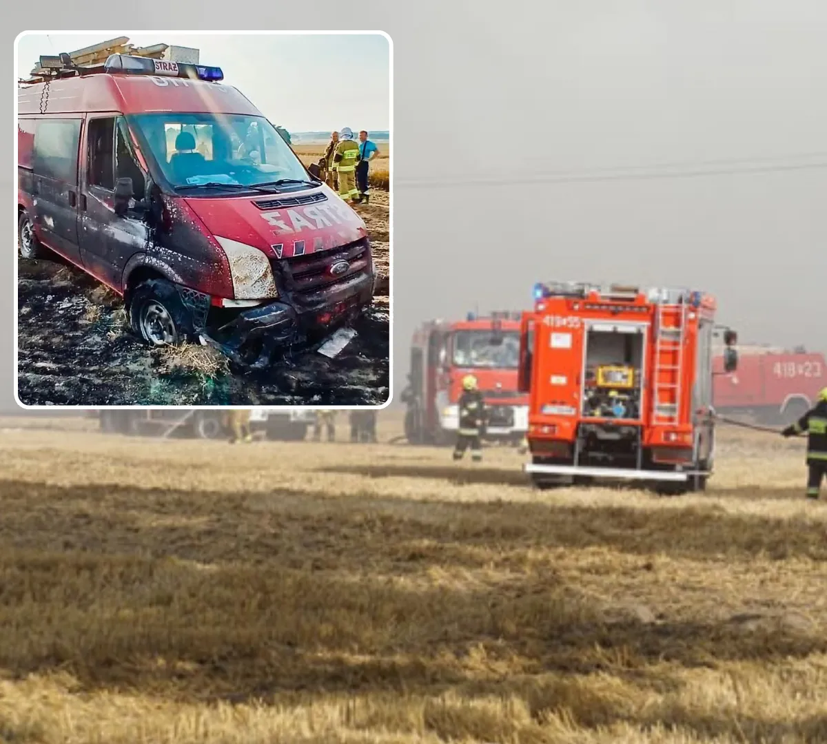 Strażacy w ogniowej pułapce przy A4. Płonęły pola, ucierpiał wóz bojowy